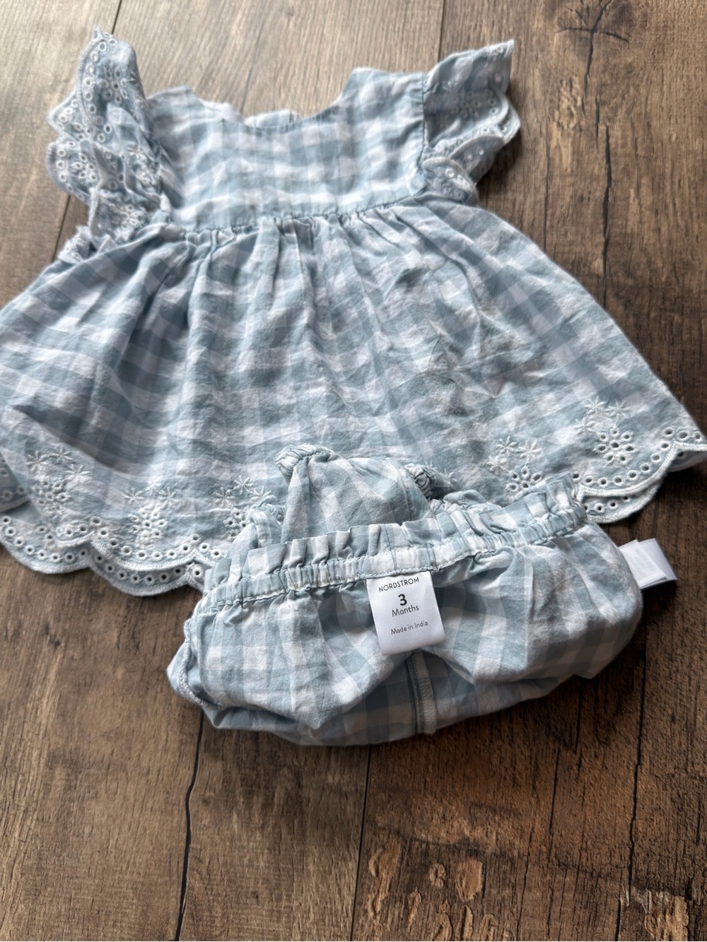 Nordstrom Baby Gingham Eyelet Dress & Bloomer Set Blue 3M 100% Cotton - Picture 3 of 4